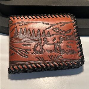Hand Tooled Leather Wildlife Wallet, Western Bifold | Forest Scene